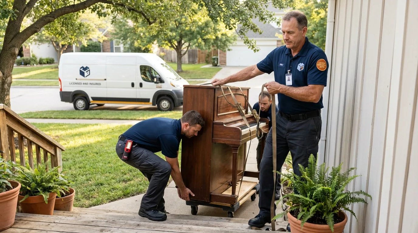 Licensed piano movers securing grand piano in Decatur, IN