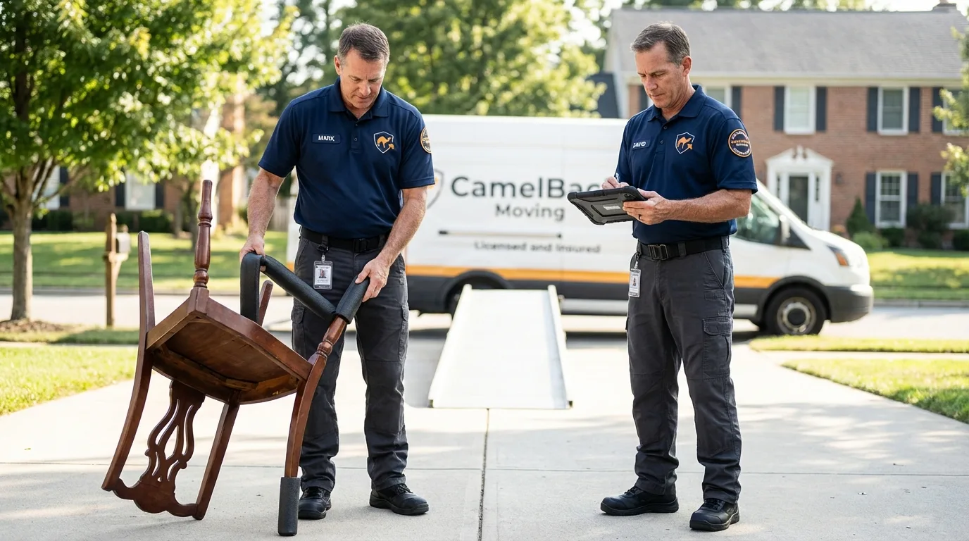 Movers inspecting furniture for damage prevention before loading in Decatur, IN