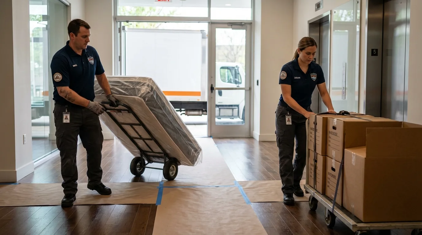Professional apartment movers loading elevator in Decatur, IN