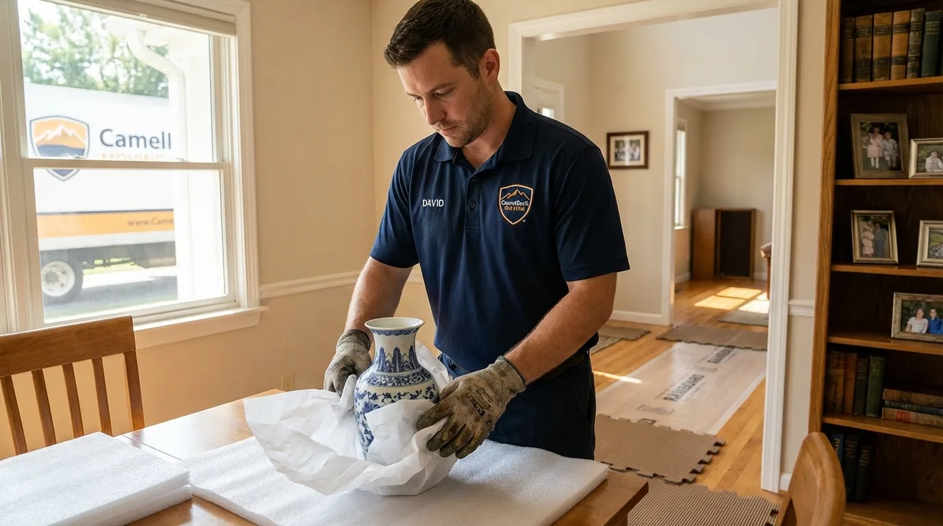 Professional crew carefully wrapping antique vase for senior downsizing move in Decatur, IN